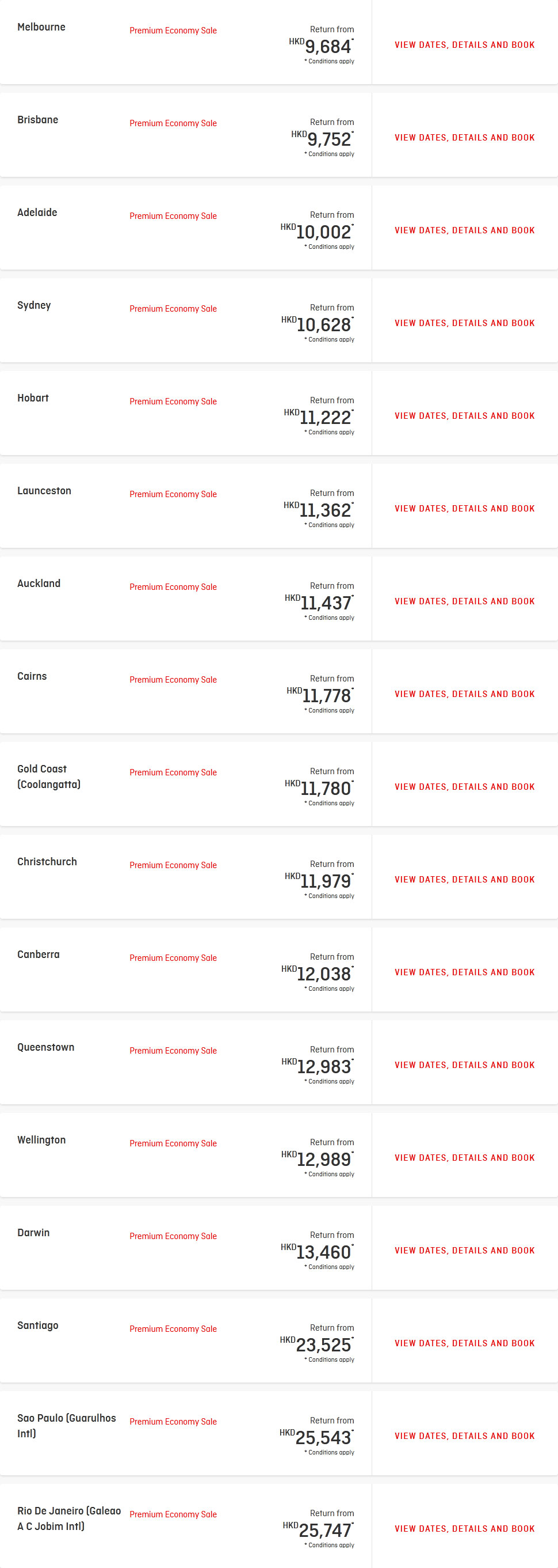 Qantas Premium Econmy Fares 19 Nov 2020